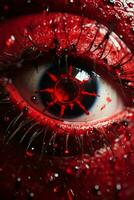 a close up of a red eye with blood on it generative ai photo