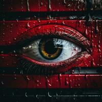 a close up of a red eye with water droplets on it generative ai photo