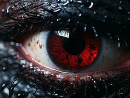 a close up of a red eye with blood on it generative ai photo