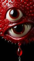 a close up of a red eye with droplets of water on it generative ai photo