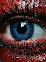 un cerca arriba de un rojo ojo con agua gotas en eso generativo ai foto