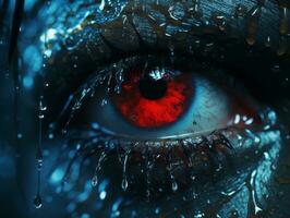 a close up of a red eye with water drops on it generative ai photo