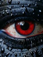 a close up of a red eye with water droplets on it generative ai photo