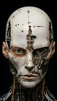a close up of a robot head with wires attached to it generative ai photo