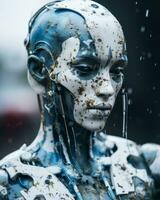 a close up of a robot with blue and white paint on it generative ai photo