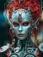 a close up of a robot with red hair generative ai photo