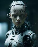 a close up of a robot with wires attached to it generative ai photo