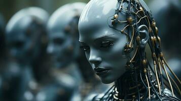 a close up of a robot with wires attached to her head generative ai photo