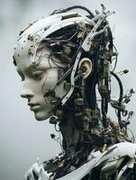 a close up of a robot with wires attached to it generative ai photo