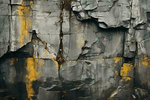 un cerca arriba de un rock pared con amarillo pintar en eso generativo ai foto