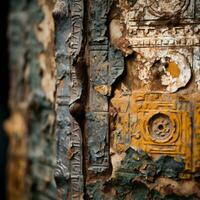 a close up of a rusty metal door with some paint on it generative ai photo