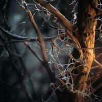 a close up of a spider web on a tree branch generative ai photo