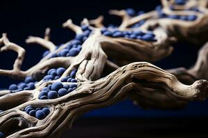 a close up of a tree branch with blue grapes on it generative ai photo