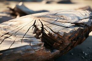 a close up of a tree stump on the beach generative ai photo