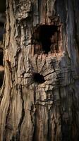 un cerca arriba de un árbol con un agujero en eso generativo ai foto