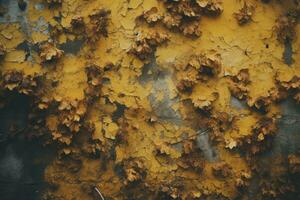 a close up of a wall with yellow peeling paint generative ai photo