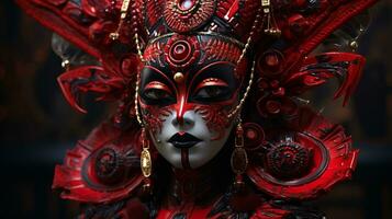 un cerca arriba de un mujer vistiendo un rojo y negro máscara generativo ai foto