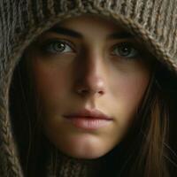 a close up of a woman wearing a knitted hat generative ai photo