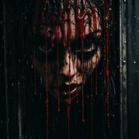 un cerca arriba de un mujer con sangre goteo abajo su cara generativo ai foto