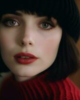 a close up of a woman wearing a red sweater and black beanie generative ai photo