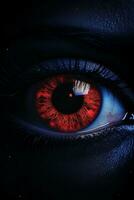 a close up of a womans eye with a red iris generative ai photo