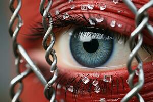 a close up of a womans eye through a chain link fence generative ai photo