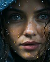 a close up of a woman with rain drops on her face generative ai photo