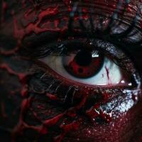 a close up of a womans eye with blood on it generative ai photo