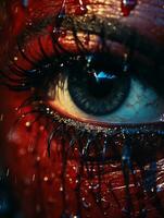 a close up of a womans eye with blood on it generative ai photo