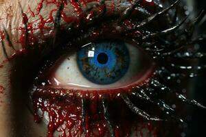 a close up of a womans eye with blood on it generative ai photo