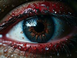 a close up of a womans eye with blood on it generative ai photo