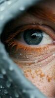 un cerca arriba de un mujeres ojo con lluvia gotas en eso generativo ai foto