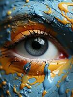 a close up of a womans eye with paint splatters generative ai photo