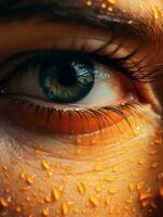 a close up of a womans eye with water droplets on it generative ai photo