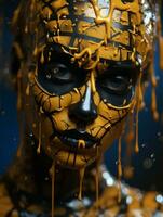 a close up of a womans face painted with black and yellow paint generative ai photo