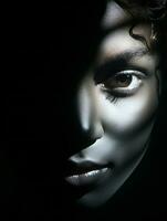 a close up of a womans face in the dark generative ai photo