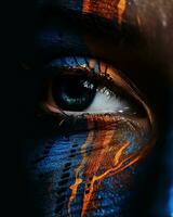 a close up of a womans face painted with blue and orange paint generative ai photo