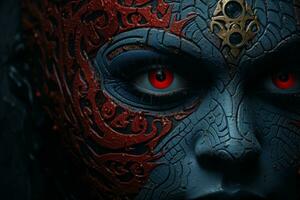 a close up of a womans face with red eyes generative ai photo