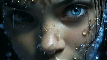 a close up of a womans face with water droplets on her face generative ai photo