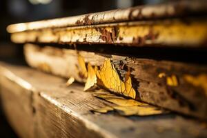 a close up of a wooden bench with yellow paint on it generative ai photo