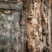 un cerca arriba de un de madera puerta con peladura pintar generativo ai foto