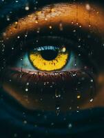 un cerca arriba de un amarillo ojo con lluvia gotas en eso generativo ai foto