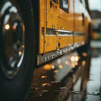 un cerca arriba de un amarillo colegio autobús en el lluvia generativo ai foto