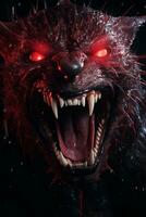 a close up of an angry wolf with red eyes generative ai photo