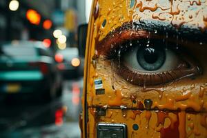 un cerca arriba de un ojo pintado en el lado de un coche generativo ai foto