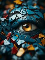 a close up of an eye surrounded by broken pieces of glass generative ai photo