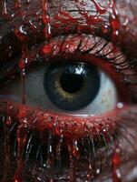 a close up of an eye with blood dripping from it generative ai photo
