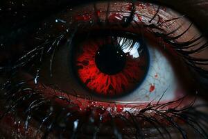 un cerca arriba de un ojo con sangre en eso generativo ai foto