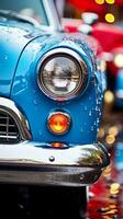 un cerca arriba de un antiguo azul coche con lluvia gotas en eso generativo ai foto