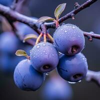 un cerca arriba de azul bayas en un árbol rama generativo ai foto